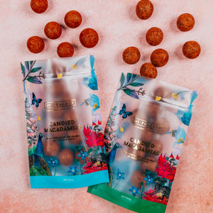 CANDIED MACADAMIAS POUCH 140g (choose milk or dark)